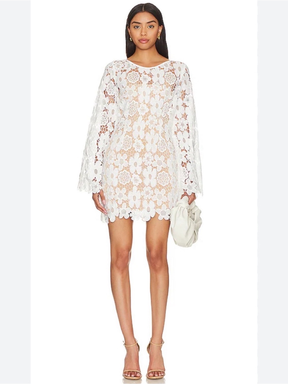 RUMER THE LABEL Stunning White Floral Lace Long-bell Sleeve Dress